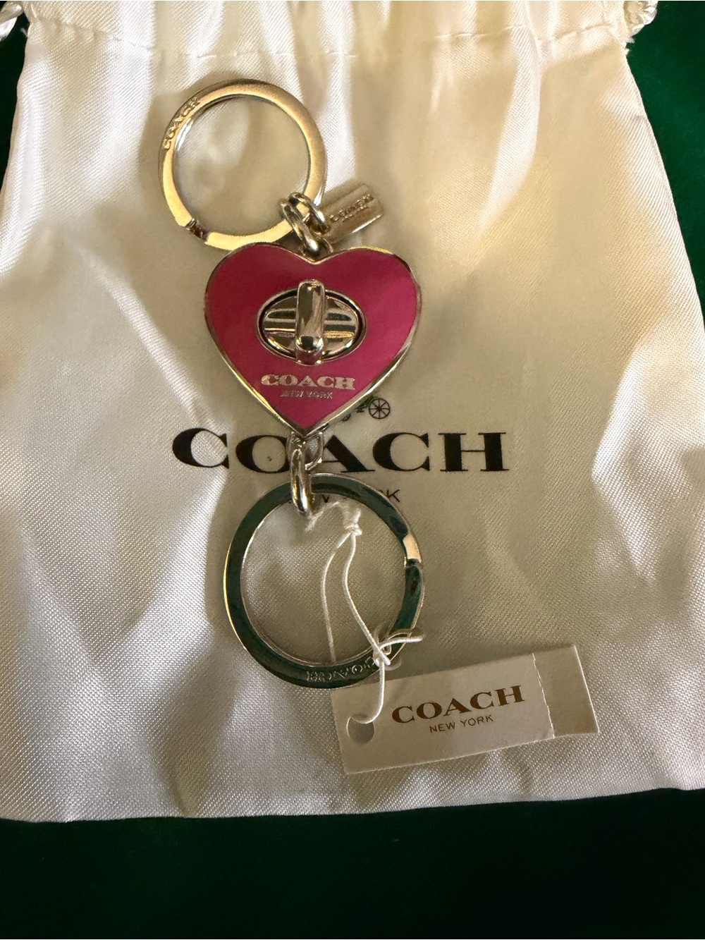 COACH Pink Heart Turn-Lock Keyring with Silver Hardware